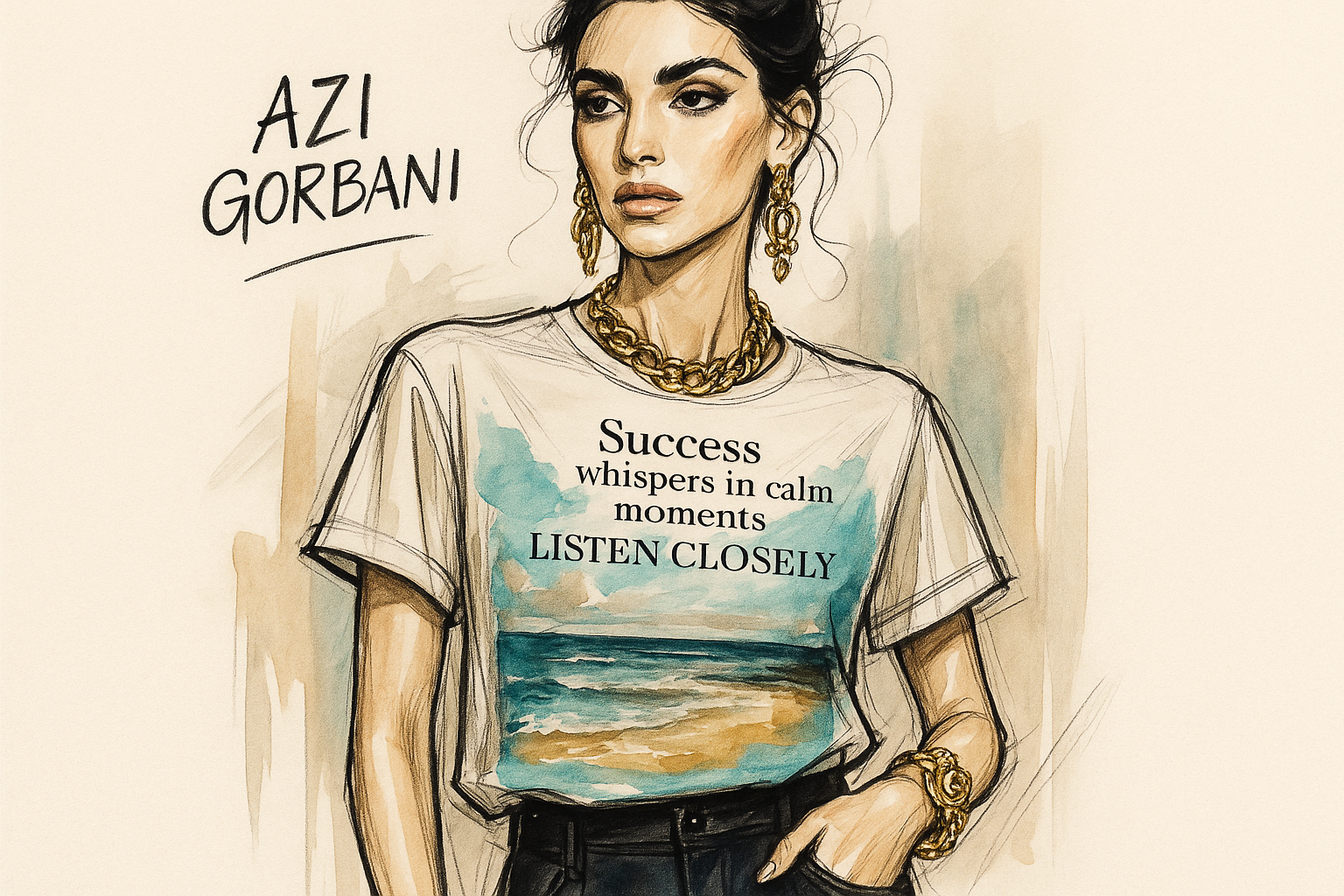 Azi Gorbani wearing a t-shirt with an artistic luxury painting of a beach that looks peaceful with the writing "Success whispers in calm moments LISTEN CLOSELY" wearing jewelry that is fancy, making the sketch very modern and messy lines using tones that top designers use in their clothing lines specially turquoise gold and black