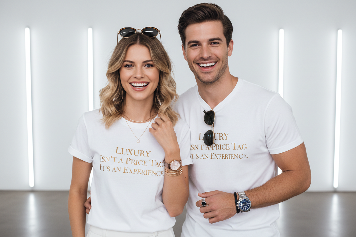a fun and professional looking younger female model and male model in their early 30s wearing a t-shirt with a very luxury feel and accessories , nice teeth and smile and beautiful hair , the t-shirt should say on the front "Luxury Isn't a Price Tag - It's an Experience."