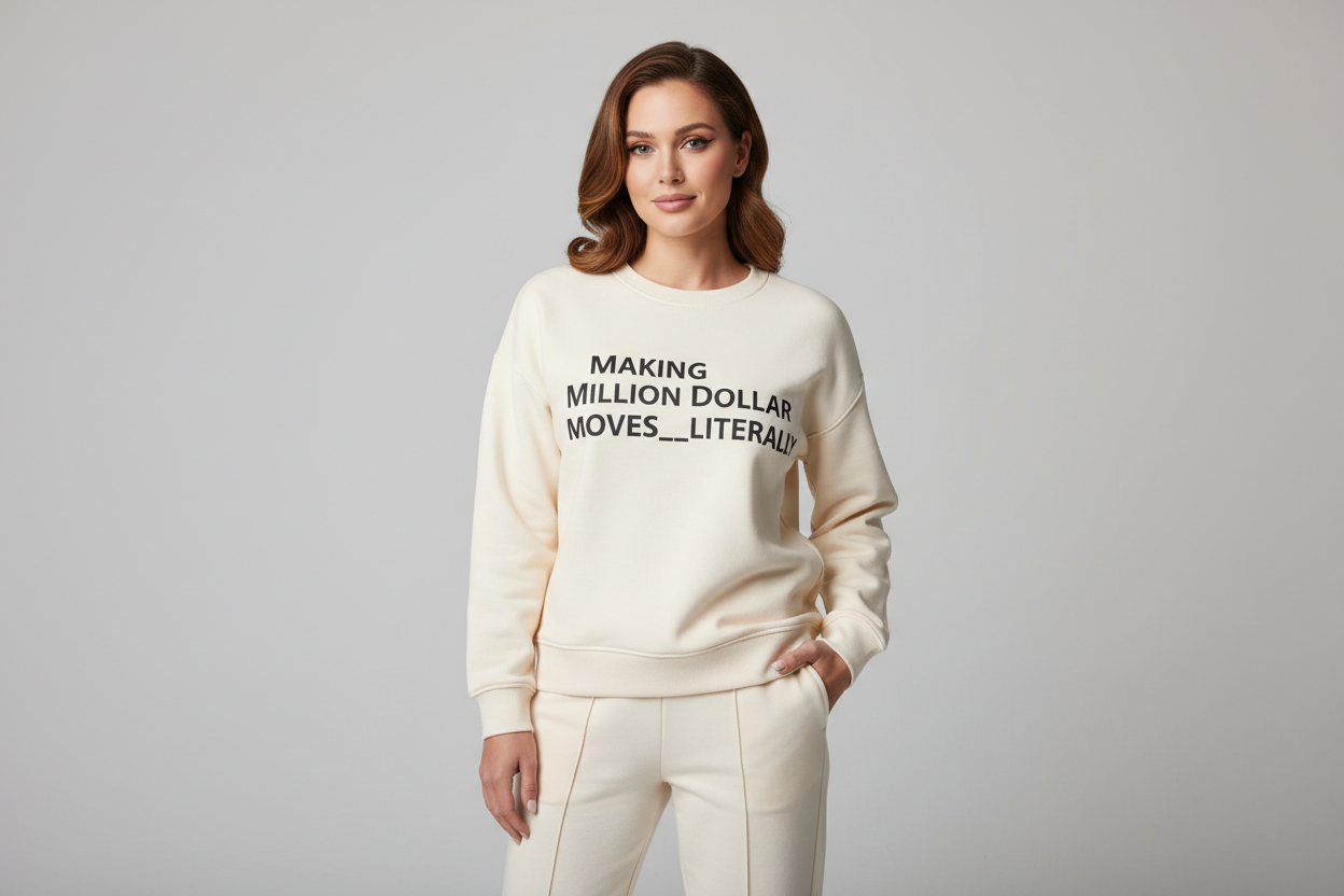 a luxury looking casual sweat shirt and pants worn by a female model who is beautiful and professional looking like a realtor, the shirt should say "Making Million Dollar Moves__Literally."