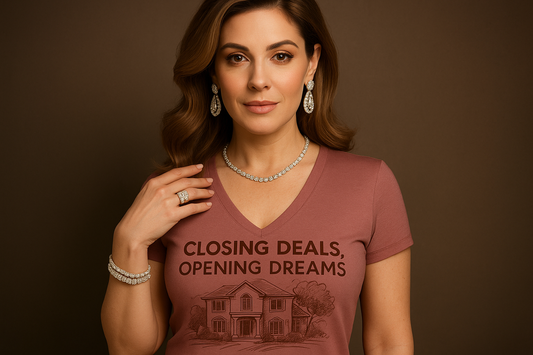 Azi Gorbani a more american version wearing glam jewelry and a v-neck luxurious fitted t-shirt that says “CLOSING DEALS, OPENING DREAMS” with a sketch of a beautiful home making it look artistic and fun with tones that only the best designers would use to create this shirt 