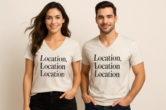 create a mockup of a v-neck Tshirt with a clever most popular and highest selling real estate quote on the market, Should be worn by a very good looking confident looking woman and a man